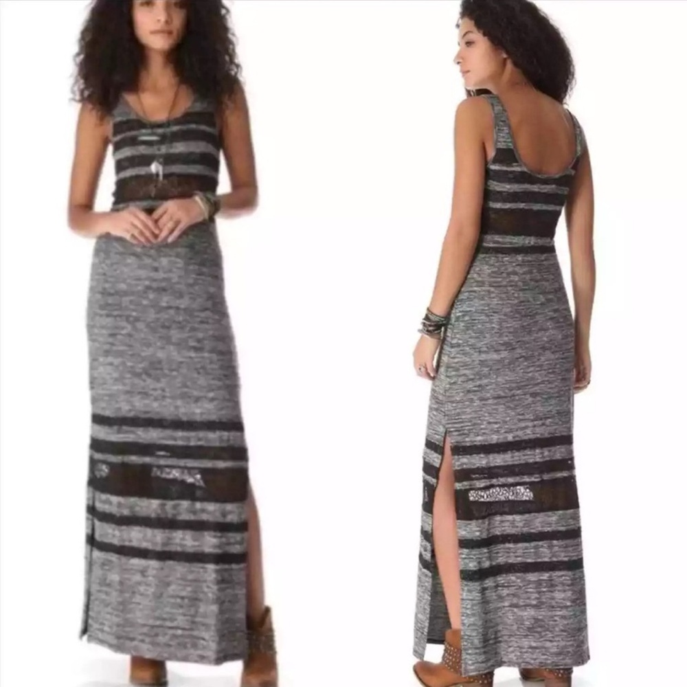 Free People Hazy Daze Maxi Dress Sleeveless Lace Cutouts Slit Sides SMALL